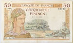Numismática, França. Cédula de 50 Francos 1940 P-85b Furos de Grampo