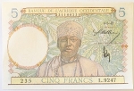 Numismática, África Ocidental Francesa. Cédula de 5 Francos 1942 P-25 SOB / FE
