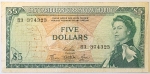 Numismática, East Caribbean. Cédula de 5 Dólares 1965 P-14d
