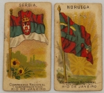 Colecionismo - Figurinhas de Cigarro - Série Bandeiras Países - Serbia e Noruega - Cia Nacional Manufactura de Fumos - Rua da Assembleia 73 - RJ - A Companhia Nacional Manufactura de Fumos foi uma empresa brasileira fabricante de cigarros e produtos de tabaco, ativa no final do século XIX. - A empresa era conhecida por fabricar cigarros, com fábrica em Niterói e seu depósito geral localizado na Rua da Assembleia, nº 69/73, no Rio de Janeiro (RJ).