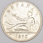 Numismática, Espanha. 5 Pesetas 1870. 24,9g Prata 900