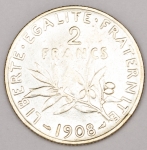 Numismática, França. 2 Francos 1908 em Prata 9,96g