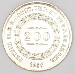 Numismática, Brasil .200 Reis em Prata 3º Sistema Monetário - 2º Tipo. 1863