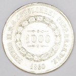Numismática, Brasil. 3º Sistema 2º Tipo 1000 Reis  1860 - Prata