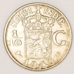 Numismática, Índias Holandesas. 1/10 G Prata. 1945