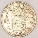 Numismática, Índias Holandesas 1/10 G Prata. 1945