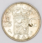 Numismática, Índias Holandesas 1/10 G Prata. 1942