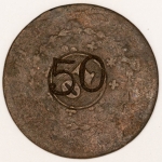 Numismática, Brasil Curiosidade, Cobre de 20 com Carimbo de 10 e Gravação 50 `LAVRAS do Sul`
