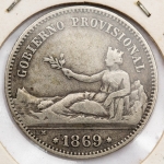 Numismática, Espanha Uma Peseta 1869 Prata. KM 653 5g