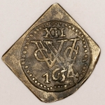 Numismática, Brasil XII Soldos em Prata Domínio Holandês 1654. 20x24mm 6g. Crispeta. Atribuída a Botija do Rio Formoso