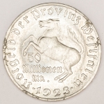 Numismática, Alemanha 50 Milhões de Marcos 1923 Westphalia 38mm Freiherr von Stein. Notgeld Perfeita - Soberba/flor
