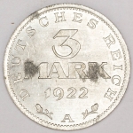 Numismática, Alemanha 3 Marcos 1922a 29mm