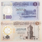 Numismática, Líbia 2 Cédulas em Polímero 1 e 5 Dinars Flor de Estampa