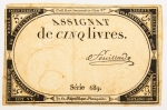 Numismática, França Assignat Cinq Livres