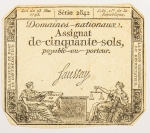 Numismática, França Assignat Cinquante Sols
