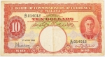 Numismática, Malaya. Cédula de 10 Dólares 1941 P-13