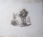 Gravura europeia século XIX, assinada Henri Buisbean datada de 1818, paisagem, 24 x 20 cm