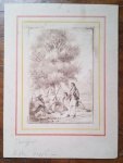 Bergerel, desenho guache europeu, cena de interior, 15 x 12 cm