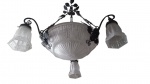 Lustre Art Deco em vidro satiné e ferre forgé, composto de plafon central e 3 tulipas laterais França cerca de 1920
