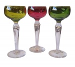 3 calices em cristal europeu colorido para licor