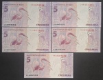 5 NOTAS DE 5 REAIS - LETRAS DIFERENTES - FE