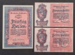 LIECHTENSTEIN - SÉRIE RARA - 3 NOTAS DE 10, 20 E 50 HELLER - FE