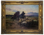 AUGUSTE PRÉVOT-VALÉRI (1857  1930) -   EN CONDUISANT LE TROUPEAU À L'AUBE (CONDUZINDO O REBANHO AO AMANHECER ) PINTURA DO ARTISTA DADA COMO DESAPARECIDA HÁ MAIS DE100 ANOS.  MAGISTRAL E GRANDIOSA  OBRA DE AUGUSTE PRÉVOT-VALÉRI QUE COMPUNHA  UM DÍPTICO COM A OBRA FUYANT LORAGE (FUGINDO DA TEMPESTADE) APRESENTADOS NO SALÃO DE PARIS DE 1906, ACLAMADO PELA CRÍTICA SENDO QUE FUYANT LORAGE FOI REPRODUZIDO EM PÁGINA INTEIRA NO JORNAL LE PETIT, SUPPLÉMENT DU DIMANCHE, 9 DE SETEMBRO DE 1906, P. 288.  O PERIODICO DESTACOU A PARTICIPAÇÃO DE PRÉVOT-VALÉRI ESPECIALIZADO NA REPRESENTAÇÃO DE CENAS PASTORIS CAPTURADAS NA REGIÃO DA NORMANDIA. DIZ O PETIT JORNAL: TEXTO NA PÁGINA 282: SOB O CÉU BAIXO, CARREGADO DE NUVENS DE TEMPESTADE, O PASTOR CONDUZ SEU REBANHO PARA O ESTÁBULO. A OBRA É IMPRESSIONANTE, IMBUÍDA DE REALISMO E POESIA; FOI UM GRANDE SUCESSO NO ÚLTIMO SALÃO DA SOCIEDADE DOS ARTISTAS FRANCESES. (VIDE A PAGINA DO PERIODICO EM: https://jenikirbyhistory.getarchive.net/media/auguste-prevot-valer-fuyant-lorage-1906-cropped-7f1d5b). AS DUAS OBRSA TINHAM O PARADEIRO DESCONHECIDO. A CENA DA OBRA NESTE LEILÃO  MOSTRA O PASTOR DIRIGINDO-SE AO CAMPO  COM REBANHO DE OVELHAS E NOVILHO. AO FUNDO LINDAS NUVENS E LUMINOSADE DA ALVORADA. ESTE PRIMEIRO QUADRO ANTECEDE FUYANT LORAGE. UM DE SEUS MAIS IMPORTANTES E HABITUAIS CLIENTES FOI O BARÃO ALPHONSE JAMES DE ROTHSCHILD.  EM 1896, ALPHONSE JAMES DE ROTHSCHILD COMPROU SUA PINTURA L'AUTOMNE À DAMMARTIN E A DOOU AO MUSÉE ANTOINE-LÉCUYER   FR  EM SAINT-QUENTIN ; A PINTURA ESTÁ AGORA DESAPARECIDA.  EM 1898, ROTHSCHILD COMPROU LE SOIR; AU MESNIL (SEINE-ET-MARNE) E A DOOU AO MUSÉE D'ART DE TOULON   FR  .  EM 1900, ROTHSCHILD COMPROU LES MEULES, CRÉPUSCULE E A DOOU AO MUSÉE DE BERGUES ; A PINTURA FOI DESTRUÍDA PELA GUERRA EM 1940. EM 1908, PELA SUA PINTURA RETOUR AU HAMEAU , FOI-LHE ATRIBUÍDO O PRIX ROSA-BONHEUR   FR  , NOMEADO EM HOMENAGEM À GRANDE PINTORA FRANCESA DE ANIMAIS, ROSA BONHEUR . O PRÉMIO CONSOLIDOU A SUA REPUTAÇÃO COMO UM PINTOR PREEMINENTE DE PAISAGENS PASTORAIS, PARTICULARMENTE CENAS DE PASTORES E OVELHAS.  A PINTURA FOI ADQUIRIDA PELO BARÃO EDMOND DE ROTHSCHILD , QUE A DOOU AO MUSÉE DES BEAUX-ARTS DE DIJON .  FRANÇA, CIRCA DE 1900. 148 X 118 CM (CONSIDERANDO-SE A MEDIDA DA MODLURA QUE É MAGNIFICA) SOMENTE A TELA TEM 118 X 88,5 CMNOTA: NOTA:  O registro de nascimento de Valéri Prévost afirma que ele nasceu na cidade de Villeneuve-sur-Yonne , filho de Élisabeth Prévost, uma empregada doméstica ; nenhum pai foi registrado. Pouco se sabe sobre sua vida até sua mudança para Paris, onde se tornou aluno do escultor Bénédict Rougelet   fr  . Ele expôs pela primeira vez no Salão de Paris de 1882 como escultor, listado no programa como Valéri Prévot (sem a letra "s" em seu sobrenome). Em 1883, ele expôs novamente uma escultura e foi listado como Auguste Prévot-Valéri, nome que usou a partir de então, assinando suas obras como Prévot-Valéri, às vezes em letras maiúsculas e outras vezes com uma caligrafia mais estilizada. No final de 1883, ele exibiu pinturas na Exposição dos Jovens Artistas (tinha vinte e seis anos). O crítico do Journal des Artistes o descreveu como um pintor de talento abundante. No programa do Salão de Paris de 1884, ele foi listado como aluno do renomado pintor paisagista Antoine Guillemet e exibiu tanto uma escultura (um retrato em medalhão de gesso de Sarah Bernhardt , que era a proprietária da peça) quanto uma paisagem, Le ruisseau de Villiers .Em 1885, ele se mudou do boulevard Malesherbes, 69, para a rue Aumont-Théville, 6, endereço que manteria pelo resto da vida. A rua tinha apenas um quarteirão de extensão; o longo prédio com o ateliê de Prévot-Valéri também abrigava inúmeros outros artistas, incluindo JM Barnsley , George Wharton Edwards , Carlos-Lefebvre   fr  e Joseph de La Nézière . O prédio ainda existe e, da rua, podem ser vistas as grandes janelas altas que tornam seus cômodos ideais para ateliês de artistas. No programa do Salão de Paris de 1887, Jules Lefebvre foi listado pela primeira vez como um dos professores de Prévot-Valéri.Como vários outros artistas, ele foi atraído pelas paisagens pastorais e ribeirinhas ao redor da cidade de Villiers-sur-Morin , onde seu círculo incluía Armand Guéry   fr  e Amédée Servin   fr  . Placas em um passeio autoguiado na cidade indicam os locais onde ele pintou Le clos Monsieur; Seine-et-Marne (1898) e Le fond du rû; Villiers-sur-Morin .