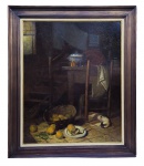 MANUEL CONSTANTINO (1899-1976)  OSP  - ASSINADO E DATADO 1971.  CENA DE INTERIOR COMPOSTA POR MESA CONTENDO GARRAFÃO, COBRE, SOPEIRA E PRATOS DE PORCELANA, COPOS E NO CHÃO CESTA COM LARANJAS E UM GATO ADORMECIDO. GRANDE E MAGNIFICA OBRA DE MANUEL CONSTANTITO ESPECIALISTA NESTE GÊNERO. REALIZOU NUS E PAISAGENS, COM UM TRATAMENTO ACADÊMICO ALHEIO A QUALQUER MODERNISMO. PORÉM, FOI NAS NATUREZAS-MORTAS DE TONS QUENTES, DE FLORES E FRUTOS, DE OBJETOS TRIVIAIS, DE COZINHAS, QUE ALCANÇOU SUA QUALIDADE MAIS ELEVADA, PODENDO SER CONSIDERADO UM DOS PRINCIPAIS MESTRES BRASILEIROS DO GÊNERO.   BRASIL, 1971. 110 X 92 CM (CONSIDERANDO-SE A MOLDURA) A TELA TEM 90 X 72 CMNOTA: Manoel Constantino Gomes Ribeiro (Baependi, MG, 15 de agosto de 1899  Rio de Janeiro, RJ, 1976), mais conhecido como Manoel Constantino, foi um pintor, arquiteto, museólogo e restaurador brasileiro. Era um especialista em natureza-morta, também pintava nus e paisagens. Estudou pintura na Escola Nacional de Belas Artes, no Rio de Janeiro com Baptista da Costa, desenho com Rodolfo Chambelland e arquitetura com Arquimedes Memória, formando-se em Arquitetura e Museologia, em 1940. Tornou-se conservador do Museu Nacional de Belas Artes, passando a escrever diversos textos para catálogos de exposições realizadas na instituição. 1934 - Medalha de ouro do Salão Nacional de Belas Artes (Rio de Janeiro, RJ)1938 - Prêmio de viagem ao estrangeiro em 1938 (que a eclosão da Segunda Guerra Mundial o impediu de usufruir).1939 - Gande medalha de prata, Salão Paulista de Belas Artes (São Paulo, SP)1942 - Prêmio Fagundes Varela no Salão Fluminense de Belas Artes (Niterói, RJ)AcervosMNBA - Museu Nacional de Belas Artes, Rio de Janeiro, RJMuseu Antônio Parreiras, em Niterói, RJ.