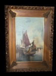Antigo e lindo quadro europeu , assinatura não identificada  , Nautico, barco , moldura em madeira com restos de policromia , mede 85x60 cm largura com a moldura