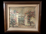 Quadro ost , motivo portão de ferro fachada com flores, moldura em madeira, mede