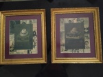 Par de gravuras decorativas com linda moldura antiga, patinadas com folha de ouro. Medidas: 46 x 52 cm com moldura.