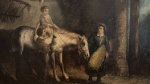 Quadro ost, autor desconhecido , linda pintura de cenas de cavalo e criança, mede 65x55 cm largura