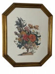 Lindo quadro , gravura importada, flores, com moldura em madeira entalhada brunida a ouro, com vidro, impecável, mede 72x58 cm largura