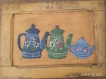 PAINEL DE MADEIRA ANTIGA COM BULES FEITOS EM PAPEL MARCHET , MEDE 53X40 CM