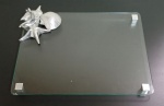 Bandeja de vidro de 5mm com decoração de conchas e estrela do mar em metal fundido em alto relevo. Mede: 35x45 cm 