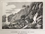 gravura - Lavagem do Minerio do Ouro junto a montanha de Itacolumí - J.C. - Severini - pertencente a obra `Historia da America Portugueza de Sebastião da Rocha Pitta` - imagem (10x15)cm. - folha (15,5x24,5)cm.