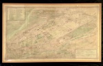 documento iconográfico - A Villa Forte de Piratininga (1563-1600) - cópia heliográfica original aquarelada e assinada R. Merting  31/10/1936 - enquadrada com moldura simples de madeira - contem um quadro de legenta com 70 pontos marcados no mapa dos principais moradores da cidade - canto inferior esquerdo com pequeno restauro  (77X130) cm. -
