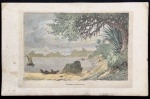 gravura - Die Bucht von Rio Janeiro  - F Keller Leuzinger  - R. Brendamour - aquarelada - imagem (11x18)cm - folha (15x23,5)cm -papel amarelado com manchas do tempo.