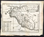 gravura - Carte du Gouvernement Cayenne ou France Aequinoctiale - publicado na obra -" Relation dun voyage fait en 1695, 1696, & 1697 - François Froger - (Paris, c.1700)" - imagem (12x15,5) cm. - folha (15x18)cm. - ´papel com as bordas irregulares amareladas - furos de bicho.