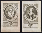 gravura - lote com 2 gravuras "Effigies Ianae" e "Catarina Bolena" -  publicado no livro "La Vie d'Elizabeth Reine d'Angleterre" - Gregorie Leti - published by Henri Desbordes, Amsterdam, 1694 - imagem (12x7,5)cm. - folha (16x10)cm. - papel levemente amarelado.