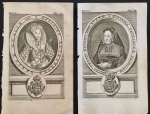 gravura - lote com 2 gravuras "Effigies Elizabethh" e " Effigies Catharinae" -  publicado no livro "La Vie d'Elizabeth Reine d'Angleterre" - Gregorie Leti - published by Henri Desbordes, Amsterdam, 1694 - imagem (12x7,5)cm. - folha (16x10)cm. - papel levemente amarelado.