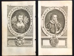 gravura - lote com 2 gravuras "Regina di Francia Caterina di Medici" e " Regina Maria Angliae" -  publicado no livro "La Vie d'Elizabeth Reine d'Angleterre" - Gregorie Leti - published by Henri Desbordes, Amsterdam, 1694 - imagem (12x7,5)cm. - folha (16x10)cm. - papel levemente amarelado.