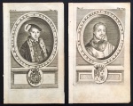 gravura - lote com 2 gravuras "Edwardus Sextus Angliae" e " Odoarde de Courtenay" -  publicado no livro "La Vie d'Elizabeth Reine d'Angleterre" - Gregorie Leti - published by Henri Desbordes, Amsterdam, 1694 - imagem (12x7,5)cm. - folha (16x10)cm. - papel levemente amarelado.