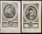gravura - lote com 2 gravuras "Thomas Howardus" e "Cardinalis Effigies Reginaldi Poli" -  publicado no livro "La Vie d'Elizabeth Reine d'Angleterre" - Gregorie Leti - published by Henri Desbordes, Amsterdam, 1694 - imagem (12x7,5)cm. - folha (16x10)cm. - papel levemente amarelado.