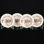 FAIANÇA INGLESA, quatro (4) tigelas, ornamentação policromada com paisagem lacustre e castelos, modelo ANCIENT TOWERS, marca JOHNSON BROS Ltd. (fabrica de faiança fundada em Hanley, Stoke-on-Trent, Inglaterra, no ano de 1883, empresa de quatro irmãos: Alfred, Frederick, Henry e Robert filhos de Robert Johnson, netos da linhagem Meakin, em 1968 se juntou ao grupo Wedgwood, em 2003 transferiu a fabrica para a China), medindo 16 cm diâmetro, vide foto.