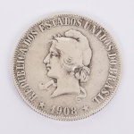 NUMISMÁTICA, Brasil, República, uma (1) moeda de 2000 reis 1908, cunhada em prata XX (20) gramas, BC/MBC, circulada, vide foto.