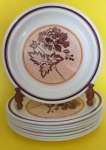 Oito pratos em porcelana Porto Ferreira nas cores creme com barrado, folhas e flores marrons medindo 25 cm.