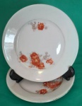 Par de pratos decorativos de parede com flores laranjas e filetes dourados em porcelana medindo 16 cm.