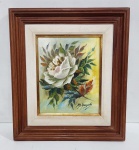 MARIA AUGUSTA - ANTIGO QUADRO ÓLEO SOBRE EUCATEX " FLOR". MEDINDO A MOLDURA . 41 X 35.5 CM