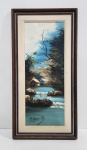 MARIA AUGUSTA - ANTIGO QUADRO ÓLEO SOBRE TELA. "CASARIO COM PAISAGEM". MEDINDO A MOLDURA 61 X 31 CM
